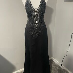 Dave & Johnny Black and Silver Embellished Backless Gown